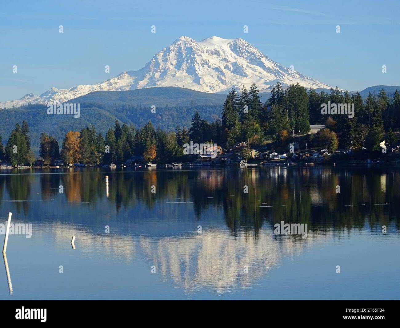 Il Monte rainier e il suo riflesso in un lago, cieli azzurri e colori autunnali sugli alberi. Stato di Washington, USA. Foto Stock