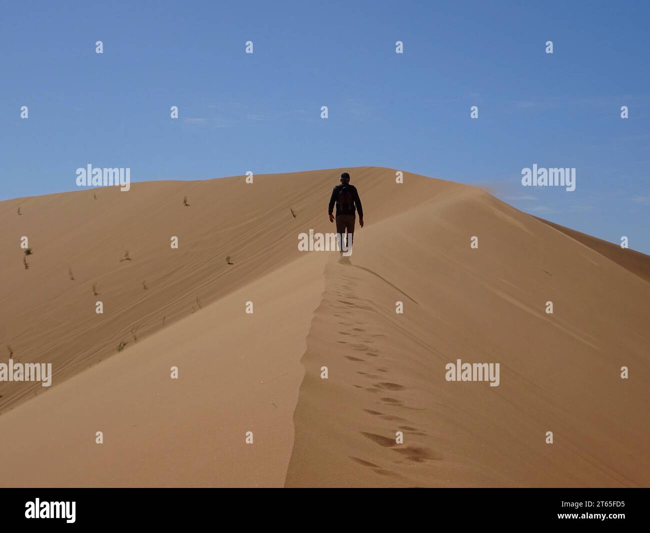 Un uomo che cammina su una duna di sabbia nead Deadvlei, nel parco nazionale Namib-Naukluft vicino a Sesriem, Namibia Foto Stock