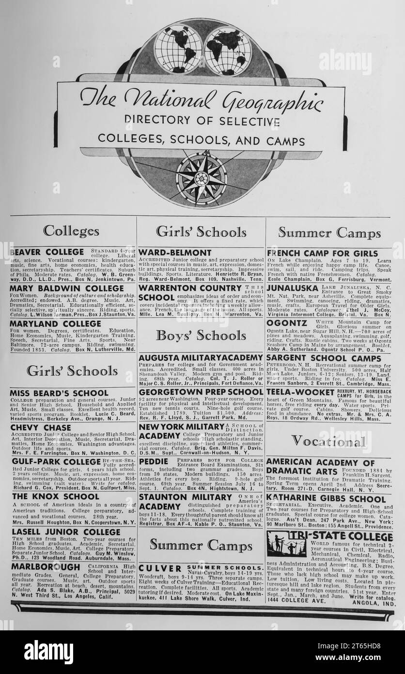 1934 The National Geographic Directory of Selected Colleges, Schools and Camps ad Foto Stock