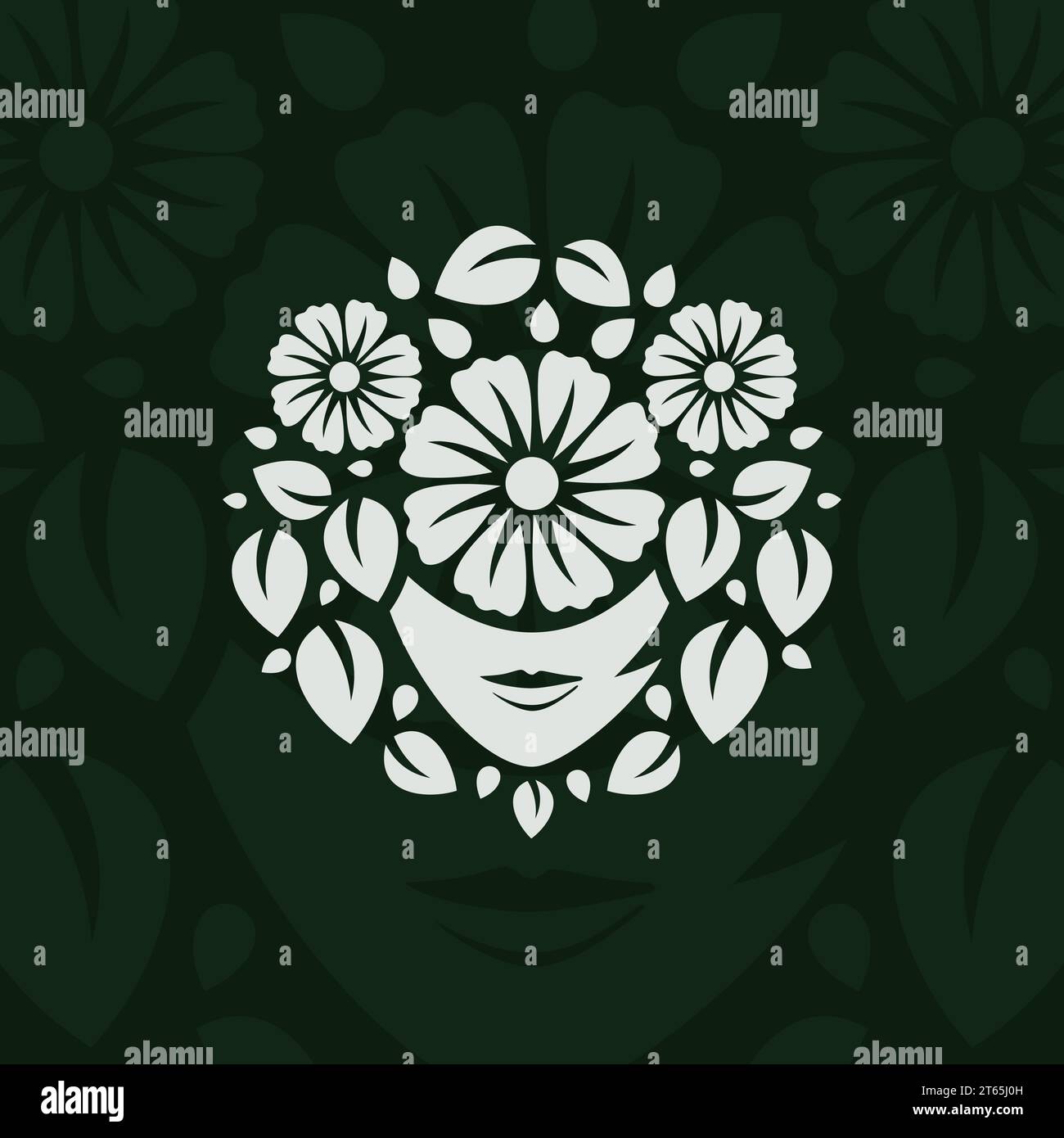Silhouette da donna con logo ornamento botanico e fiori in fiore. Illustrazione vettoriale Illustrazione Vettoriale