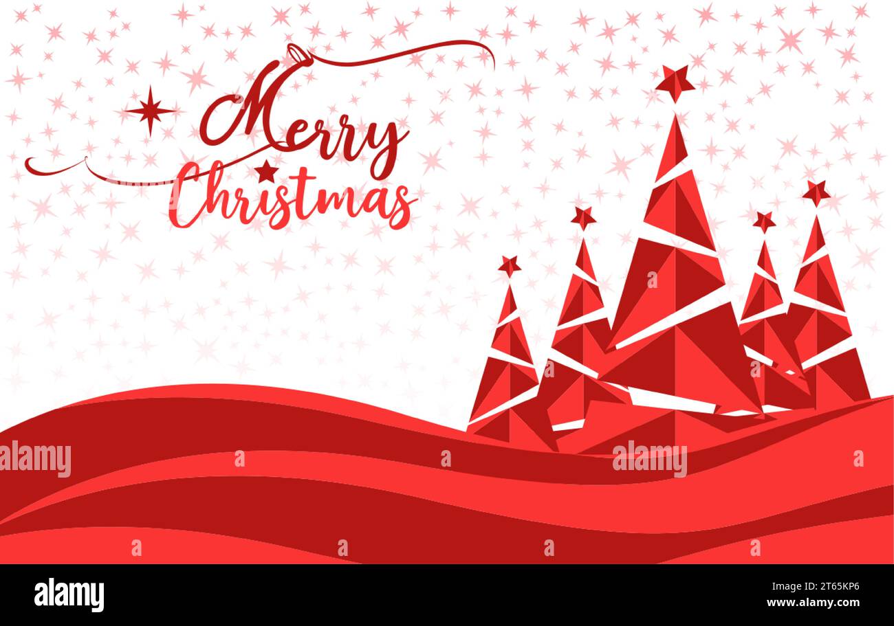 Paesaggio invernale con striscioni di alberi astratti e auguri tipografici di buon Natale. Holiday Web sfondo rosso con cielo stellato, festeggiamenti con carte gif Illustrazione Vettoriale