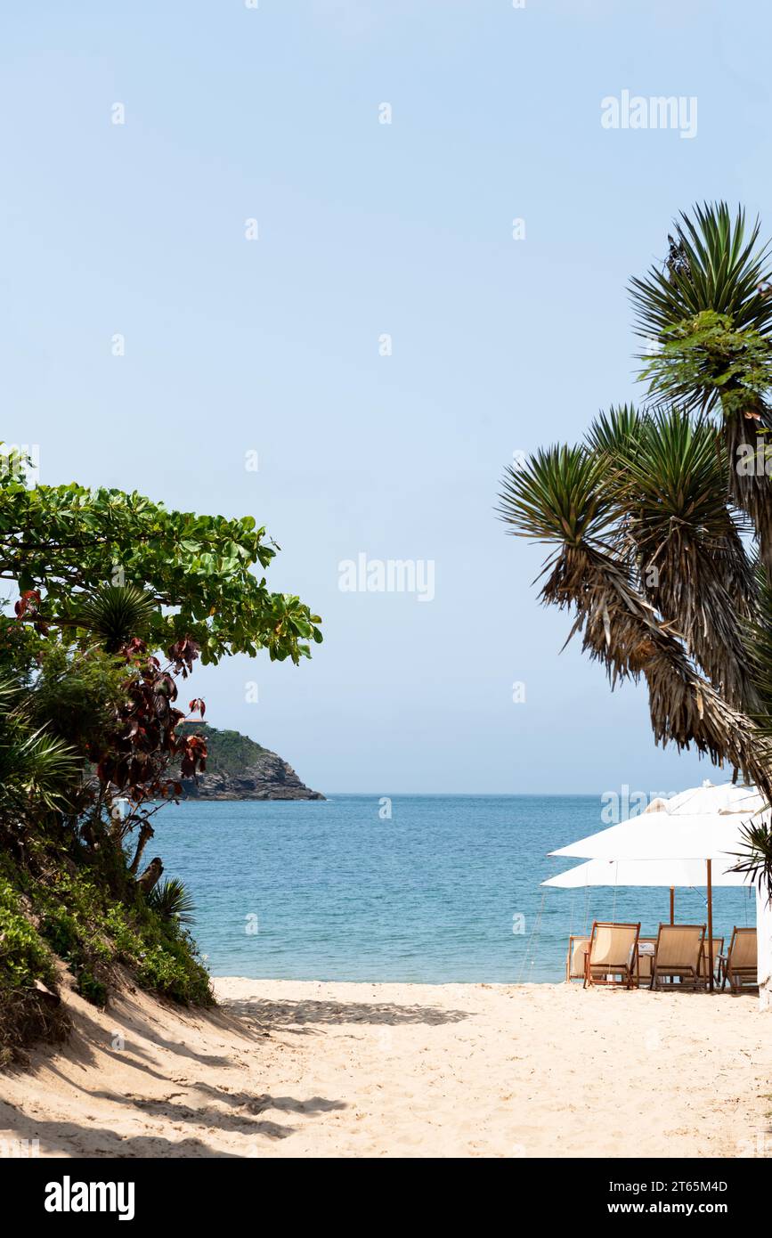 Paradiso in Brasile, splendida immagine di una spiaggia deserta con sabbia bianca, acque blu, alberi di cocco, sedie. Foto Stock