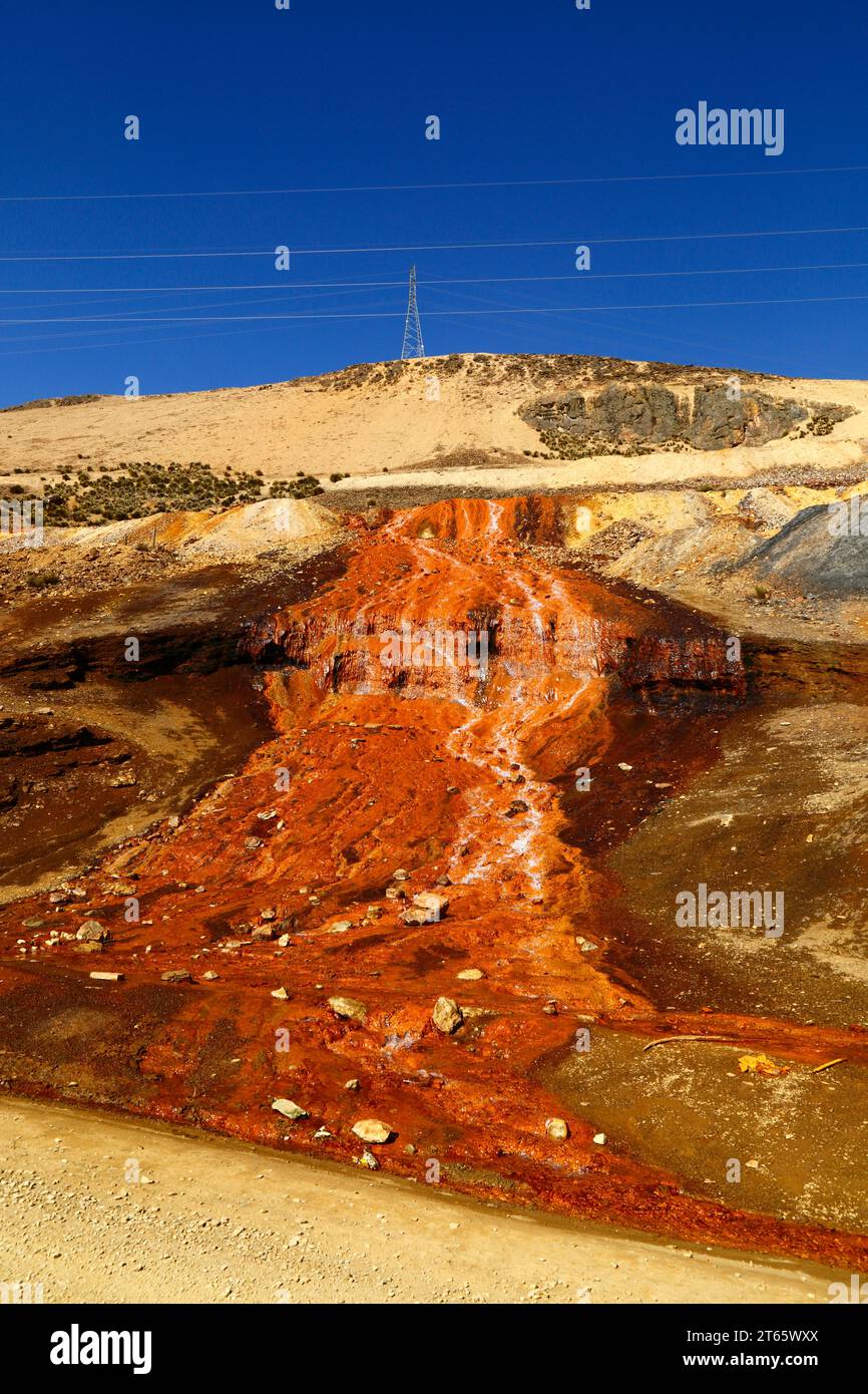 Dettaglio del torrente che scorre lungo le colline contaminato dal drenaggio di miniere acide e dai rifiuti industriali di una miniera nei pressi di Milluni, vicino a la Paz, Bolivia. Questo flusso fluisce nel bacino idrico di Represa Milluni, che fornisce acqua a El alto e a parti di la Paz. Foto Stock