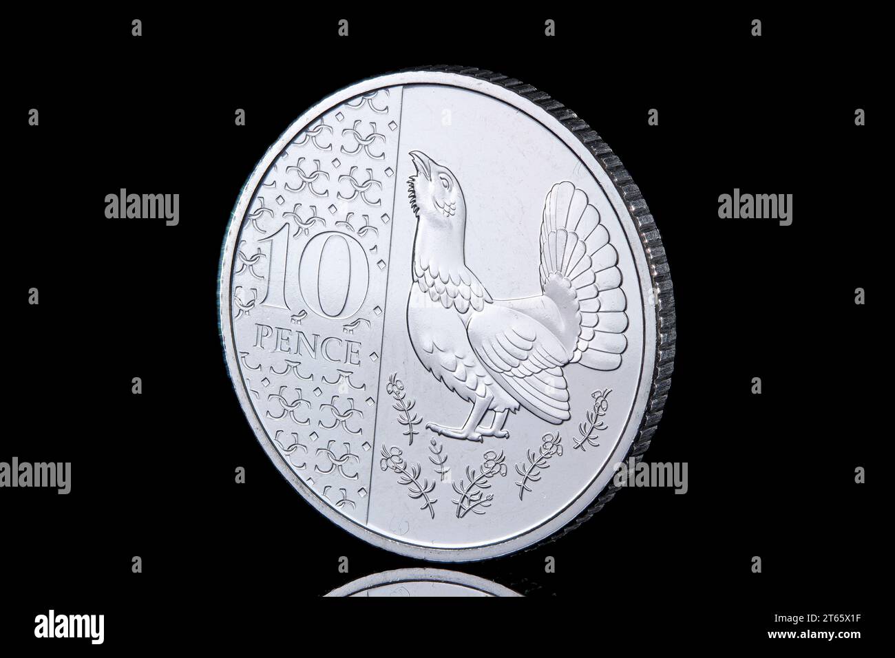 La moneta Capercaillie da 10 pence, tratta dal set di Defintive King Charles III del 2023, entrerà in circolazione generale entro la fine del 2023 Foto Stock