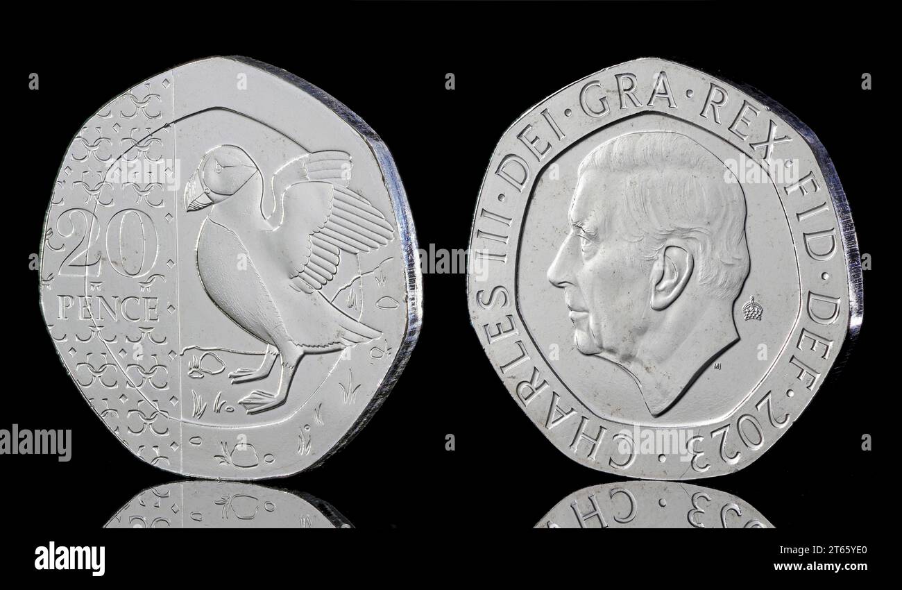 Il disegno Puffin 20p, che è stato rilasciato come parte del set definitivo di monete di re Carlo III che entrerà in circolazione generale entro la fine del 2023 Foto Stock