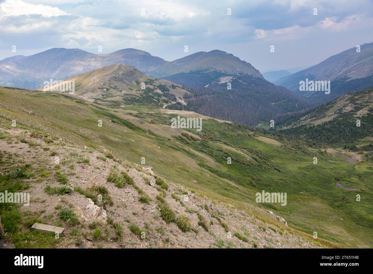 Valle verde e fertile tra le montagne del Rocky Mountain National Park in Colorado Foto Stock