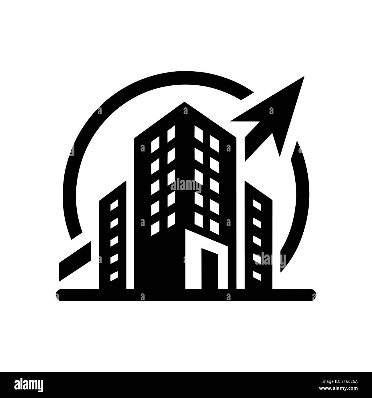Icona della crescita e dell'espansione urbana. Icona dei grattacieli con una freccia rivolta verso l'alto. Concetti di sviluppo urbano, crescita economica e progresso immobiliare Illustrazione Vettoriale