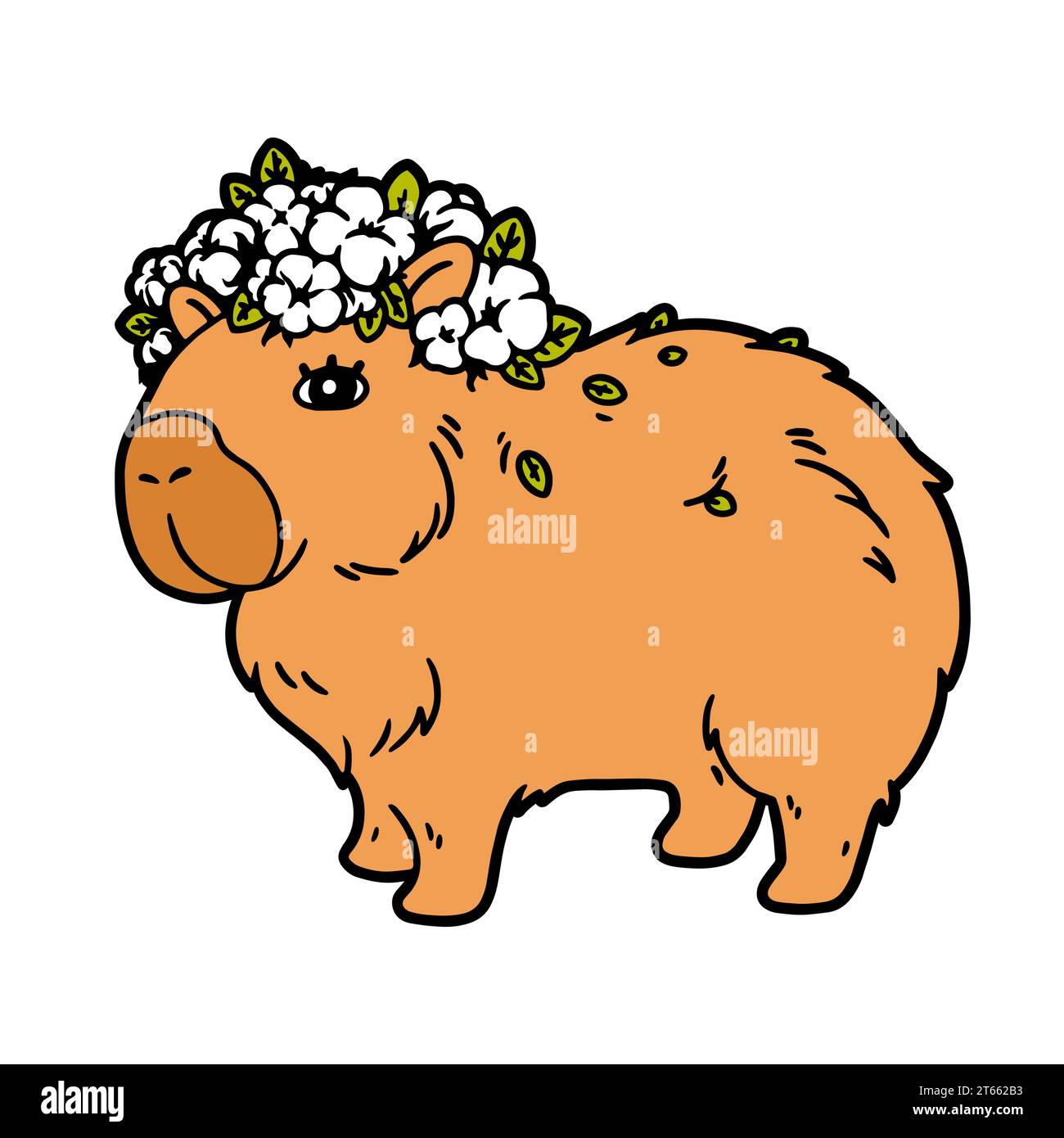 Cartoon Capybara con icona fiori. Graziosa illustrazione con un capybara adornato da una corona di fiori bianchi. Illustrazione vettoriale Illustrazione Vettoriale