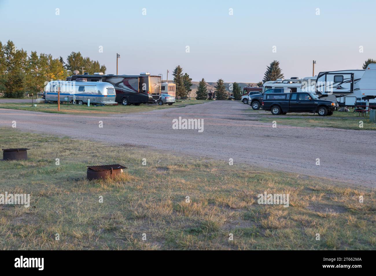 Campeggio per camper presso il Terry Bison Ranch, vicino a Cheyenne, Wyoming Foto Stock