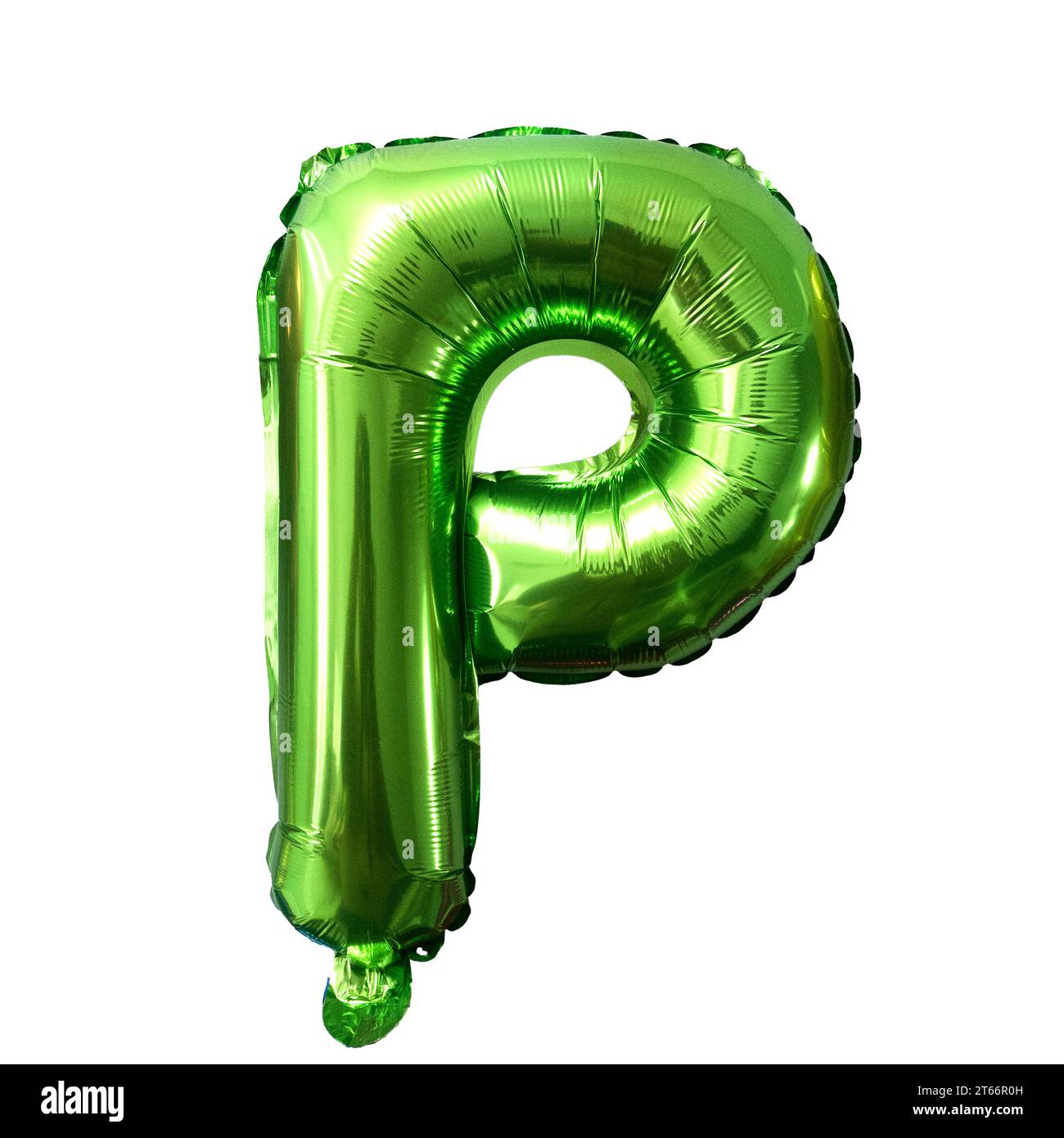 Alfabeto a palloncino verde P isolato su bianco. Biglietto d'auguri di compleanno. Concetto di anniversario. Foto Stock