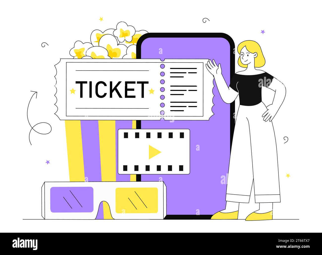 Donna con biglietti per il cinema online Illustrazione Vettoriale