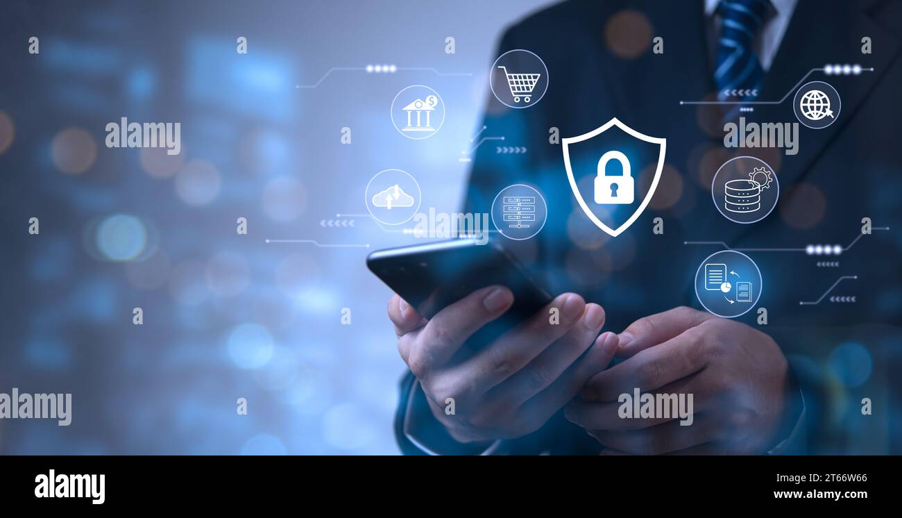 Global Network Security Cybersecurity Concept for Data Protection and Privacy Technology, Blockchain networks, Digital Security and Encryption Distrib Foto Stock