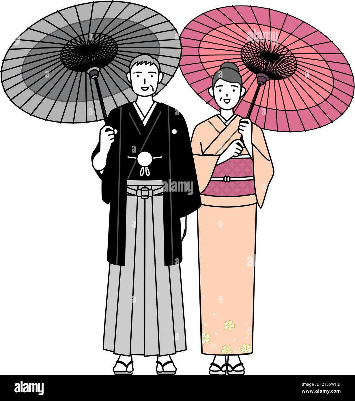 Sorridente coppia di mezza età in kimono con ombrelli giapponesi durante la visita di Capodanno e le visite turistiche, Vector Illustration Illustrazione Vettoriale