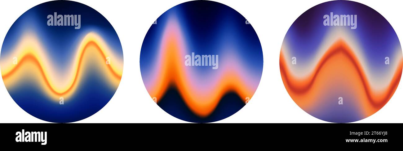 Sfondo sfumato ondulato iridescente. Raccolta di sfondi a onde liquide sfocate. Sfondi astratti blu-arancio colorati in cerchi. Modelli di sfere vettoriali per banner, volantini, copertina, poster Illustrazione Vettoriale