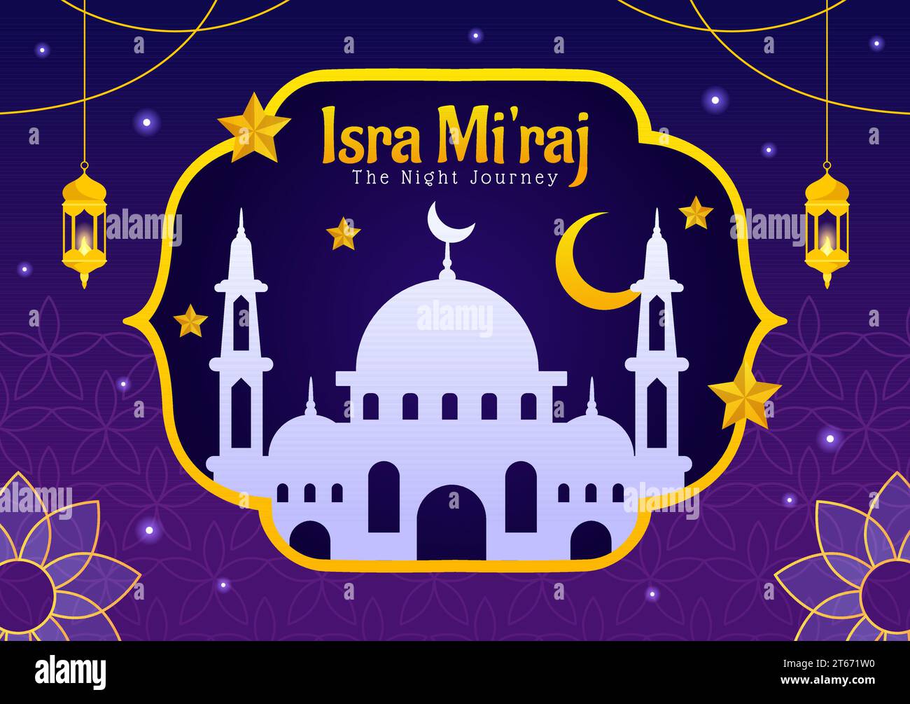 Isra mi'raj Vector Illustration. Traduzione The Night Journey Prophet Muhammad. Con moschea e Lanterna sullo sfondo di un cartone animato islamico Illustrazione Vettoriale