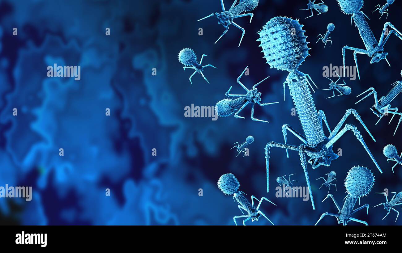 Fago e batteriofago come un virus che infetta i batteri come simbolo virologico batterico come un patogeno che attacca le infezioni batteriche come batterio Foto Stock