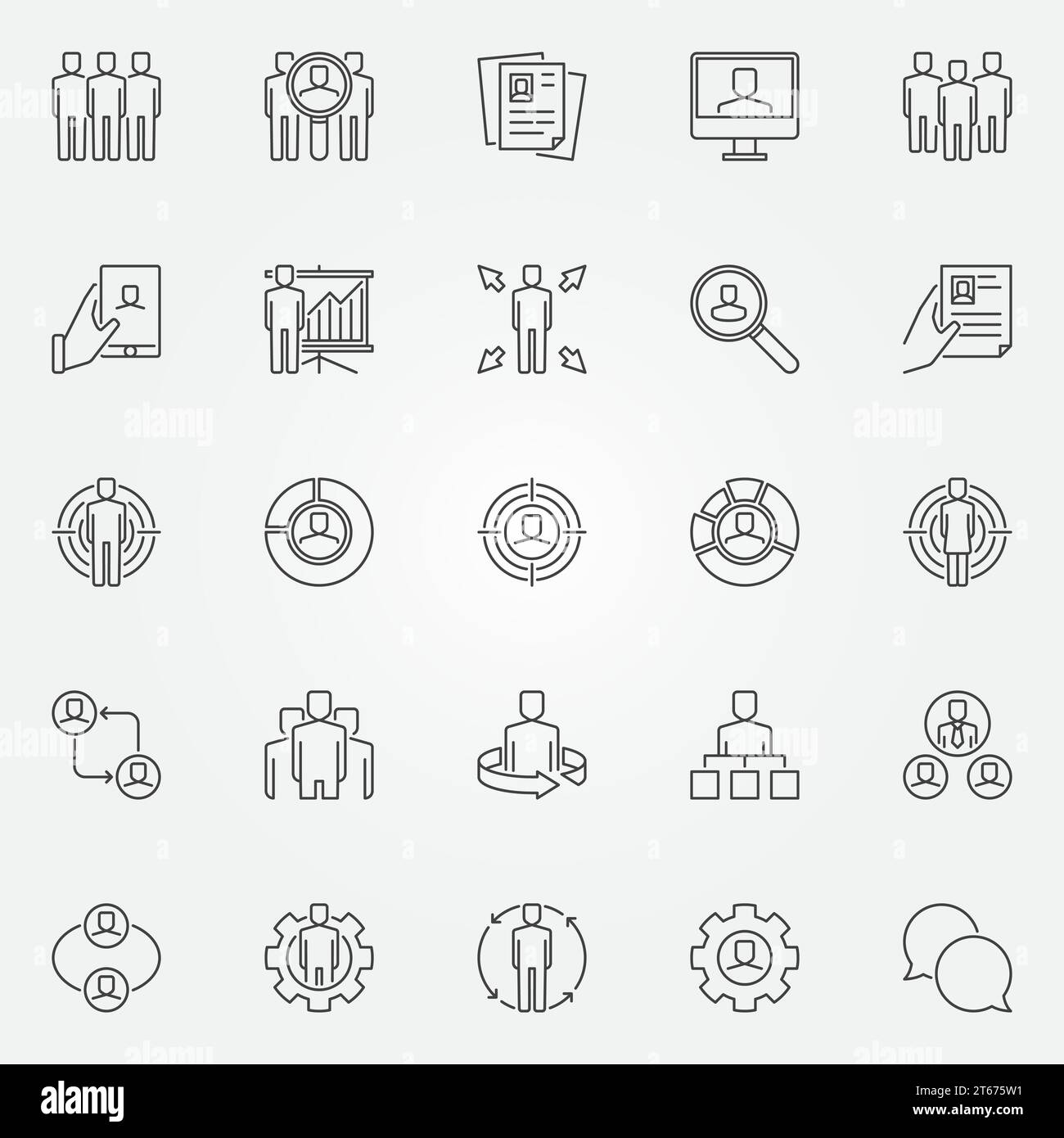 Set di icone delle risorse umane. Cartelli o elementi di progettazione HR vettoriali in linea sottile Illustrazione Vettoriale