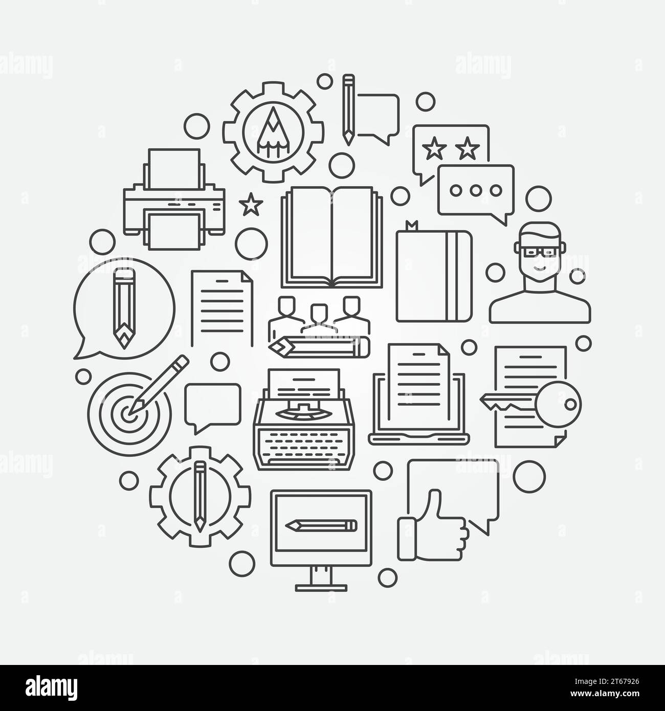 Illustrazione della linea di copywriting e marketing. Segno di contorno circolare Vector Minimum Content writing and blogging Illustrazione Vettoriale