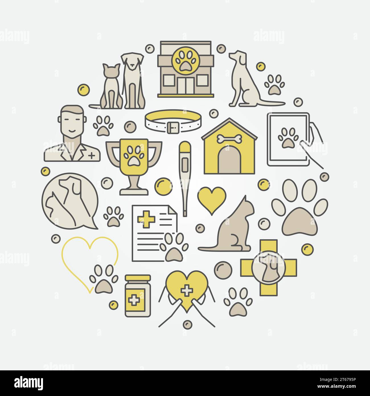 Illustrazione veterinaria per cani e gatti. Cartello creativo Vector rotondo piatto per animali domestici Illustrazione Vettoriale