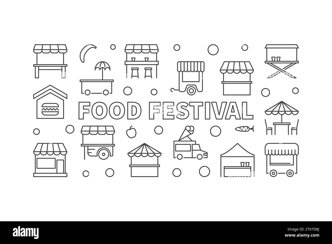 Illustrazione orizzontale lineare vettoriale del festival alimentare. Banner Street food con linee sottili su sfondo bianco Illustrazione Vettoriale