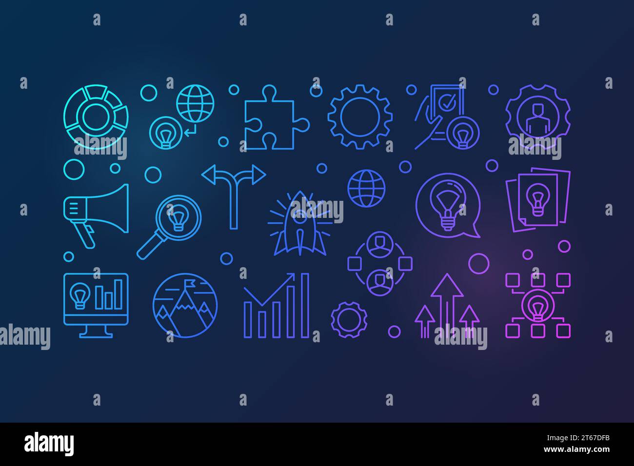 Banner colorato con contorno Business Incubator. Illustrazione del concetto di avvio aziendale vettoriale in stile lineare su sfondo scuro Illustrazione Vettoriale