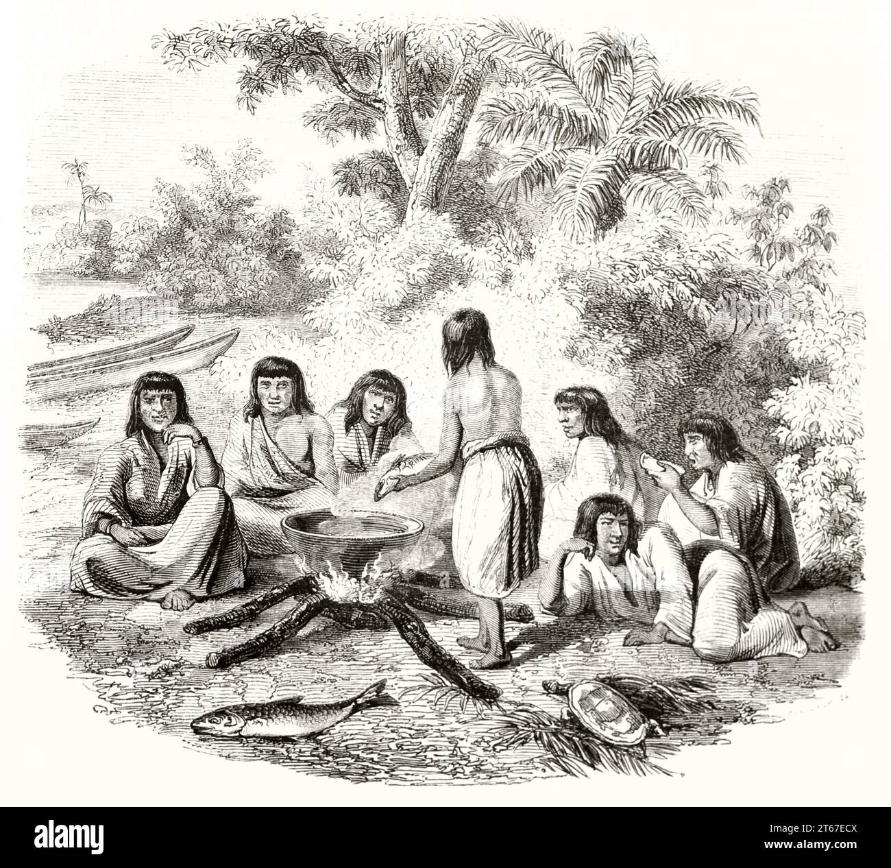 Vecchia illustrazione raffigurante gli indigeni Conibo, nella foresta pluviale amazzonica. Di Deville, publ. Su Magasin Pittoresque, Parigi, 1851 Foto Stock