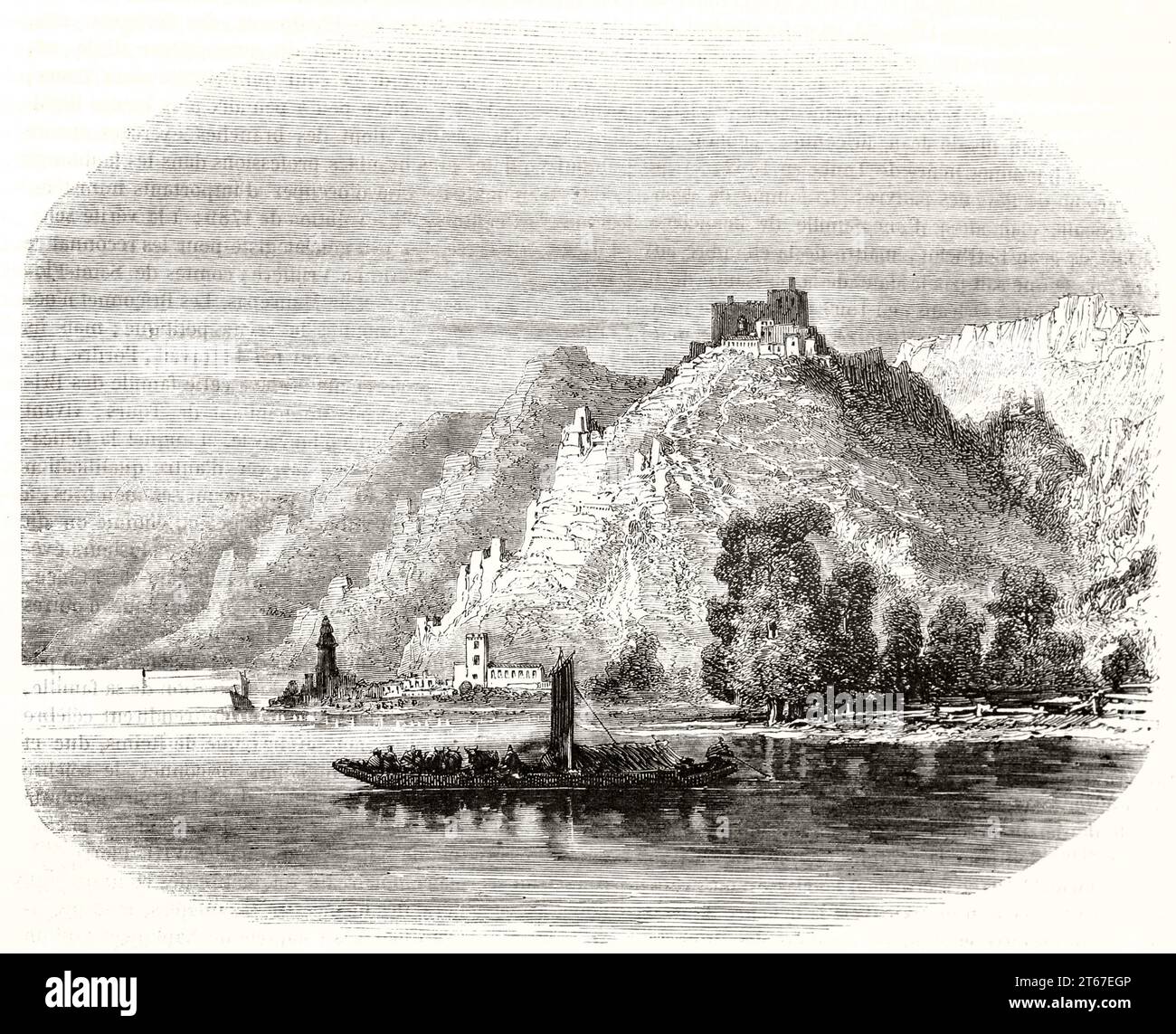 Vecchia vista del castello di Durnstein dal fiume Danubio, Austria. Di Grandsire, publ. Su Magasin Pittoresque, Parigi, 1851 Foto Stock