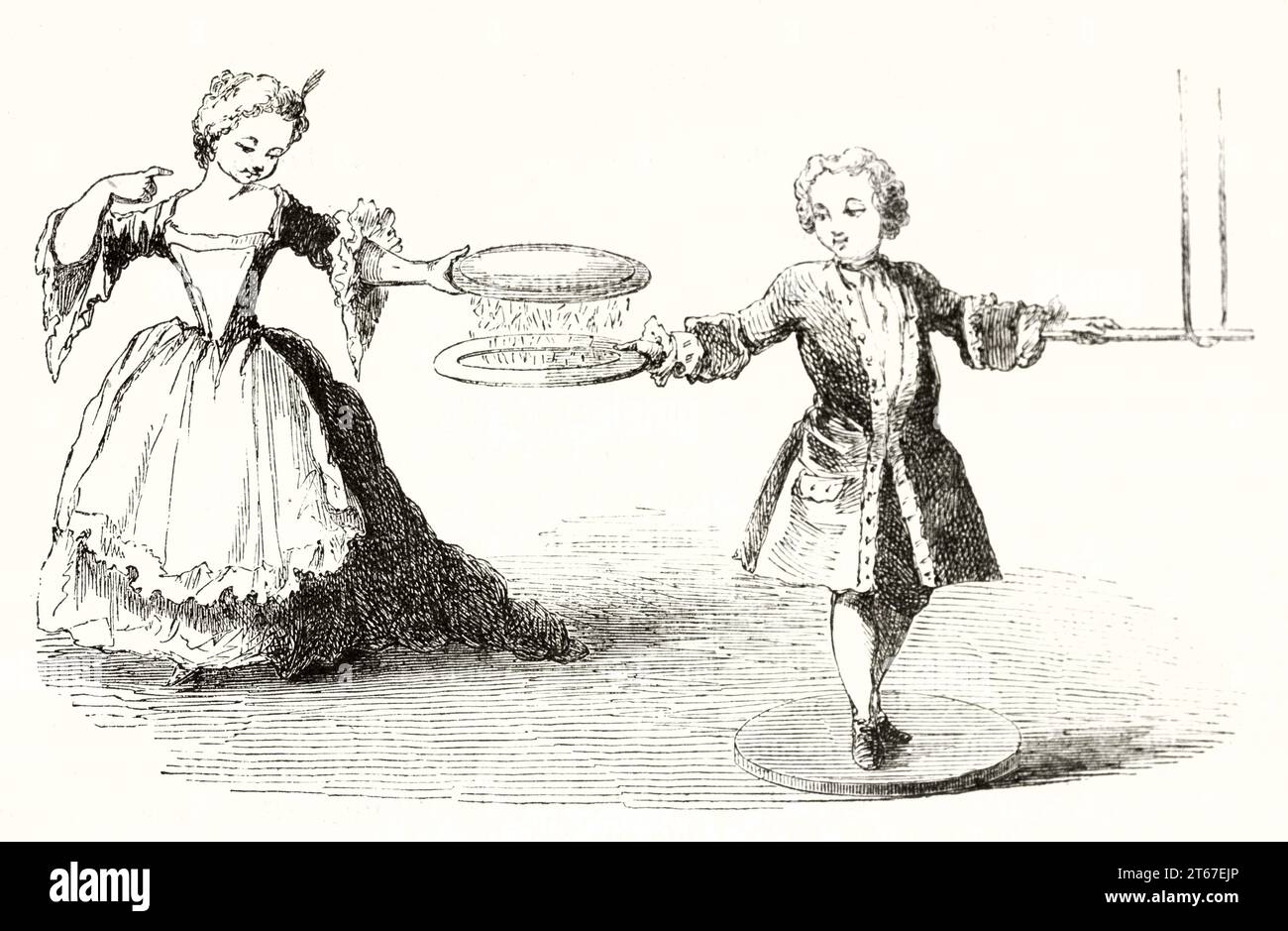 Vecchia illustrazione che raffigura un fenomeno elettrico: I burattini ballano. Da autore non identificato, publ. Su Magasin Pittoresque, Parigi, 1851 Foto Stock