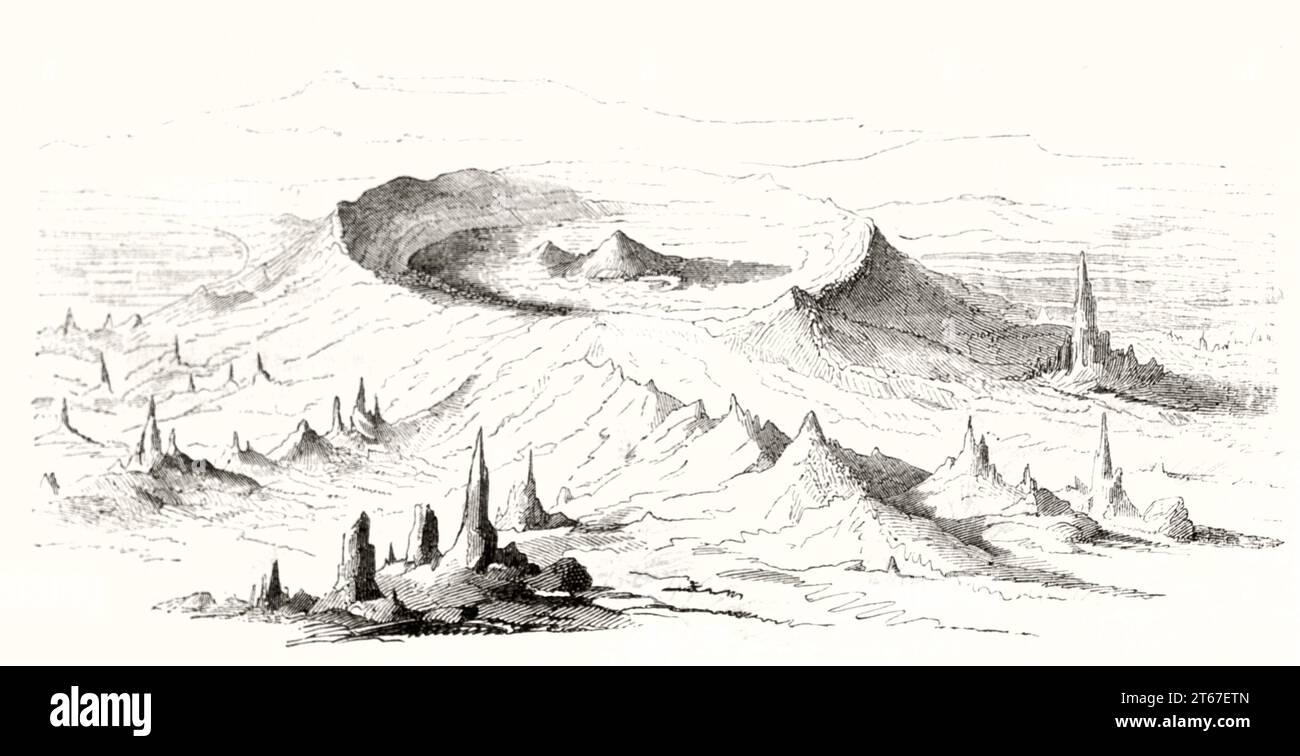 Vecchia illustrazione di un cratere lunare (Ligustinus). Da autore non identificato, publ. Su Magasin Pittoresque, Parigi, 1851 Foto Stock