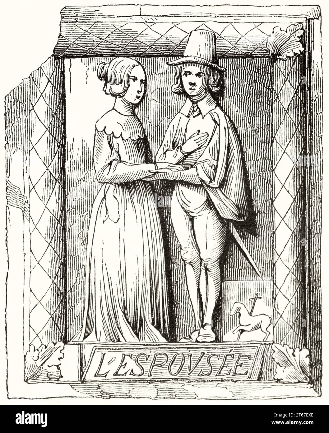 Antico cartello stradale raffigurante il matrimonio tra uomo e donna (24, Rue du Dragon, Parigi). Publ. Su Magasin Pittoresque, Parigi, 1851 Foto Stock