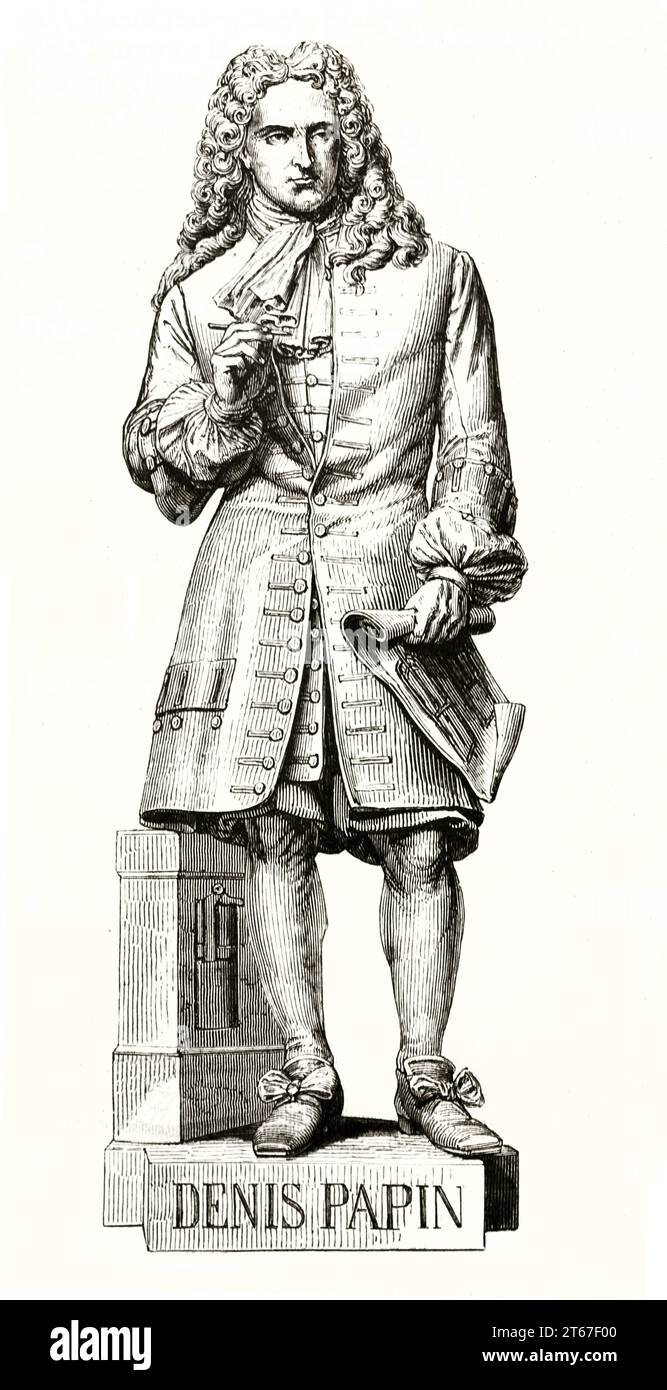 Vecchia riproduzione incisa di una statua raffigurante Denis Papin (1647 - 1713), scienziato francese. Dopo Calmels, publ. Su Magasin Pittoresque, Parigi, 1851 Foto Stock