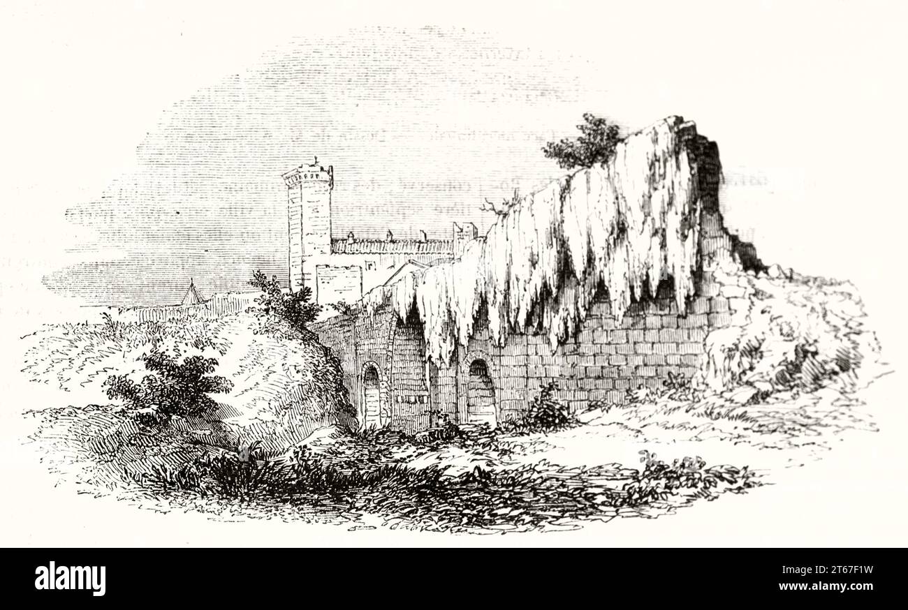 Antica vista sul Ponte dell'Abbadia (lato nord dell'Abbazia), Canino, Italia. Di Lenoir, publ. Su Magasin Pittoresque, Parigi, 1851 Foto Stock