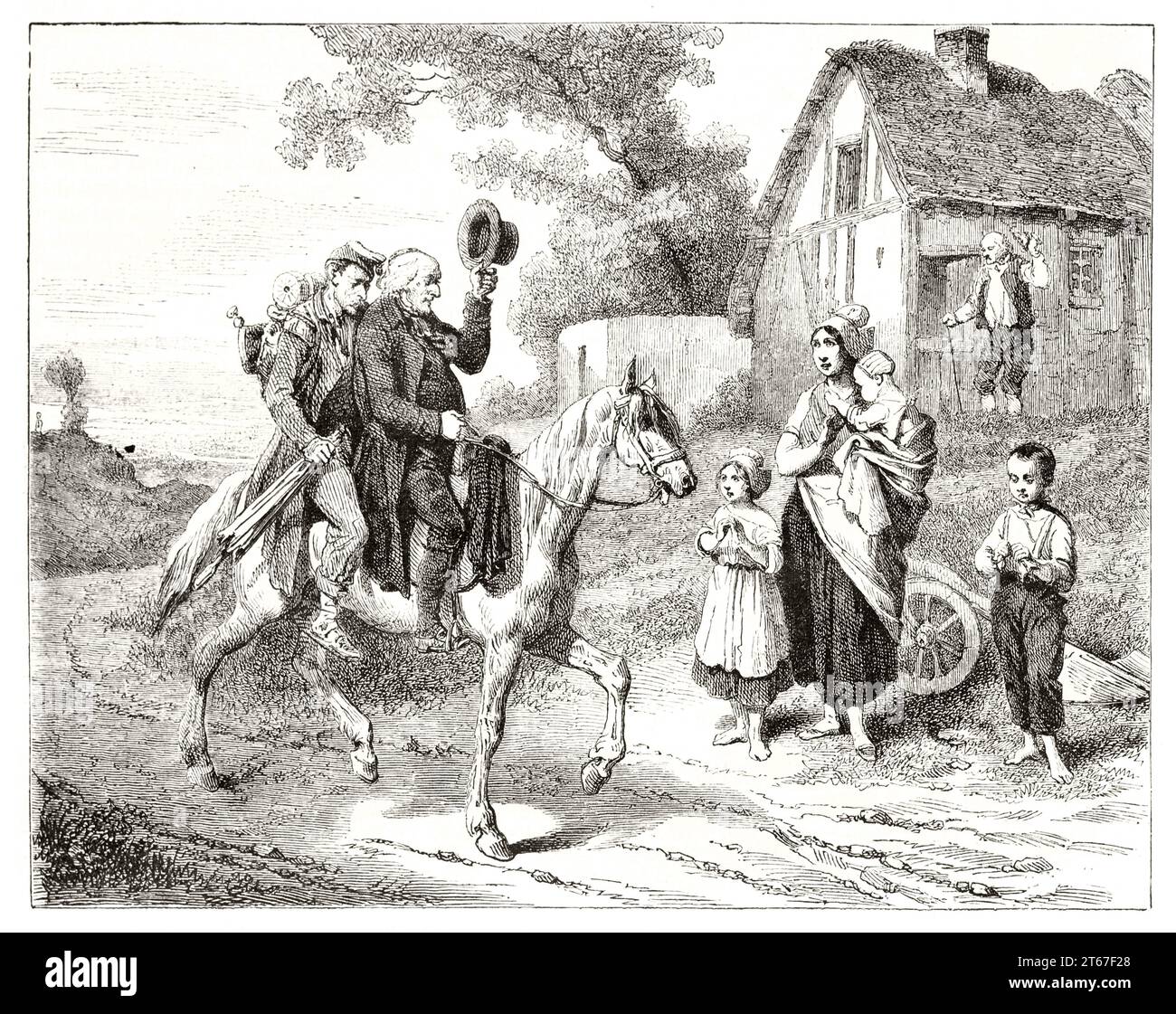 Vecchia illustrazione di un Presbyter che torna a cavallo con un soldato. Dopo Bellangé, publ. Su Magasin Pittoresque, Parigi, 1851 Foto Stock