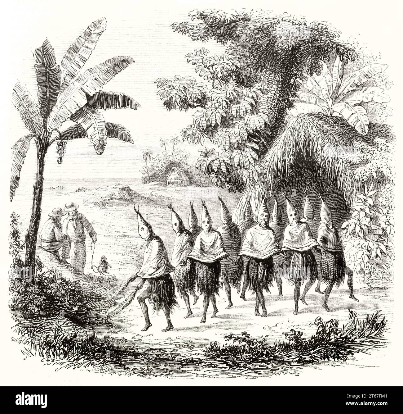 Vecchia illustrazione della Yagua People Dance, indigena sudamericana. Di Deville, publ. Su Magasin Pittoresque, Parigi, 1851 Foto Stock