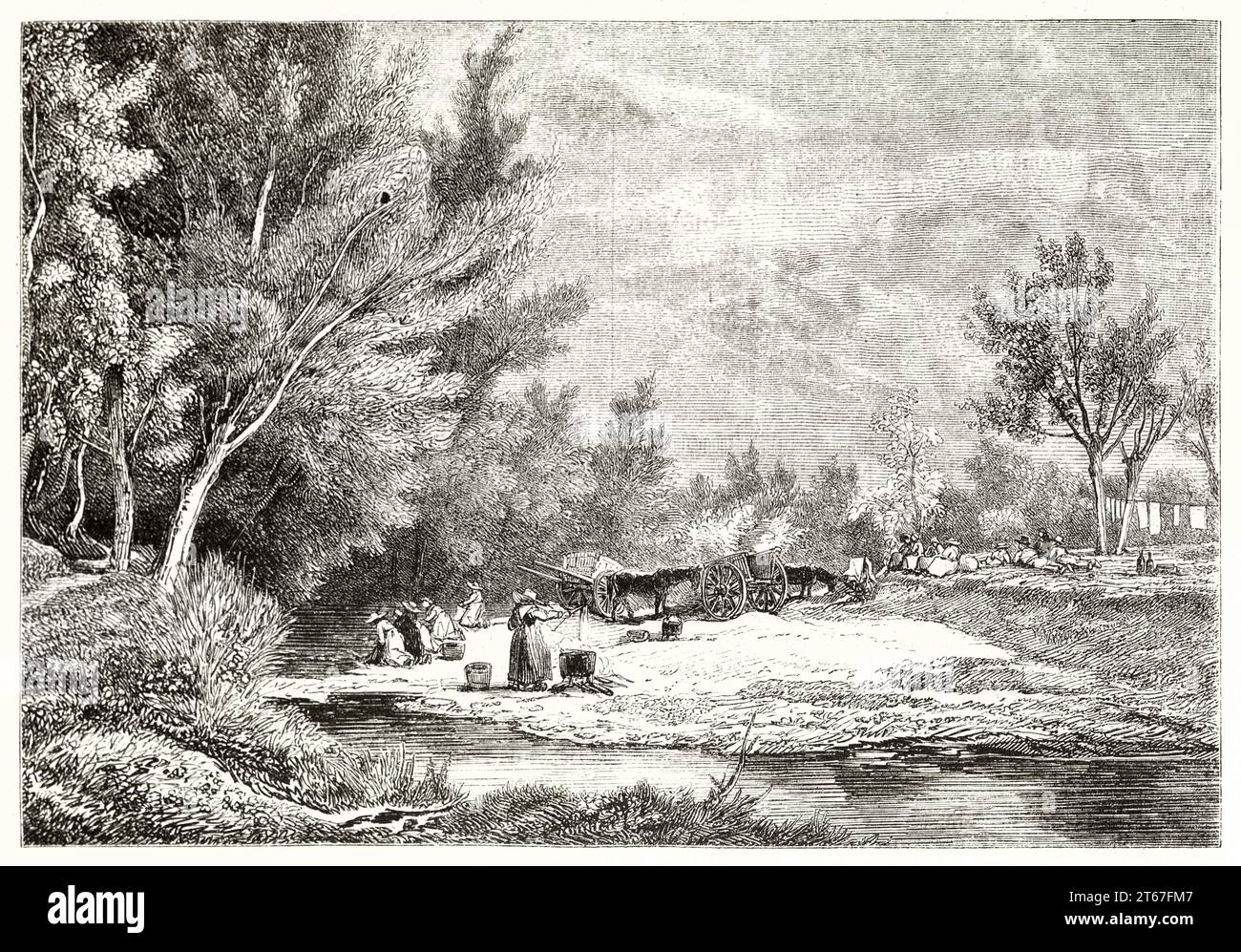 Vecchia vista della riva del fiume Yzeron e delle donne che lavano, Francia. Di Daubigny, publ. Su Magasin Pittoresque, Parigi, 1851 Foto Stock