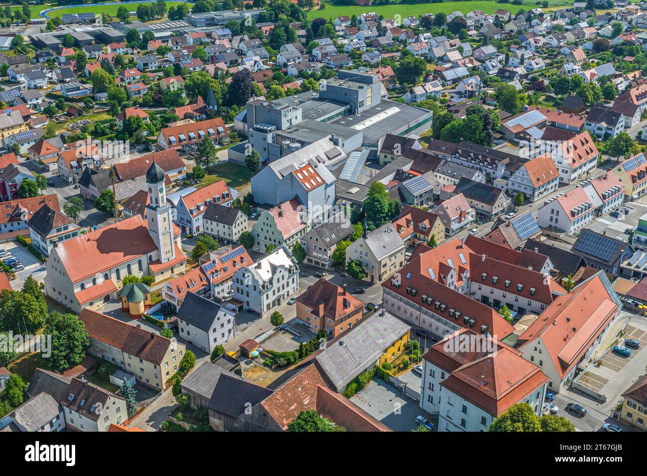 La regione intorno a Zusmarshausen nella valle dello Zusam vicino ad Augusta dall'alto Foto Stock