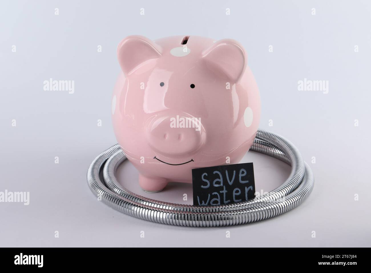 Concetto di scarsità d'acqua. Scheda con frase Save Water, salvadanaio e tubo doccia isolato su bianco Foto Stock