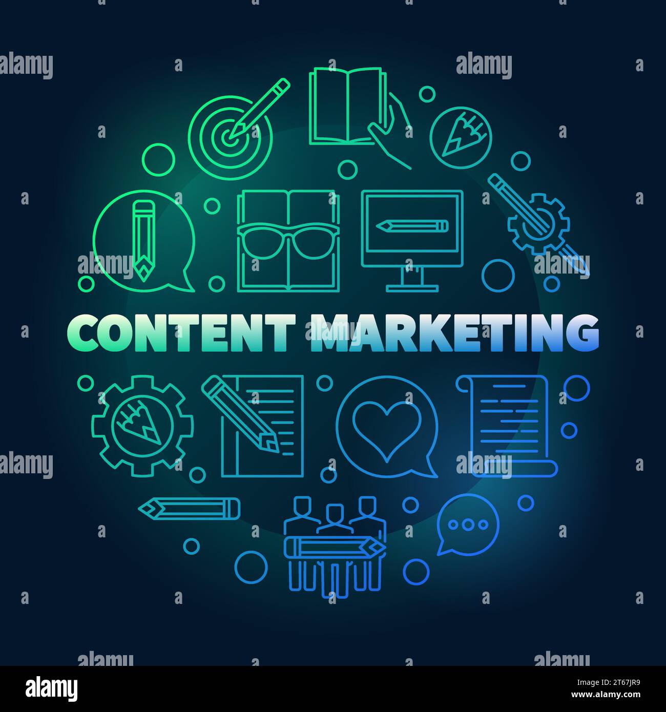 Illustrazione di concetto colorata vettoriale rotonda di Content Marketing realizzata con icone di contorno su sfondo scuro Illustrazione Vettoriale