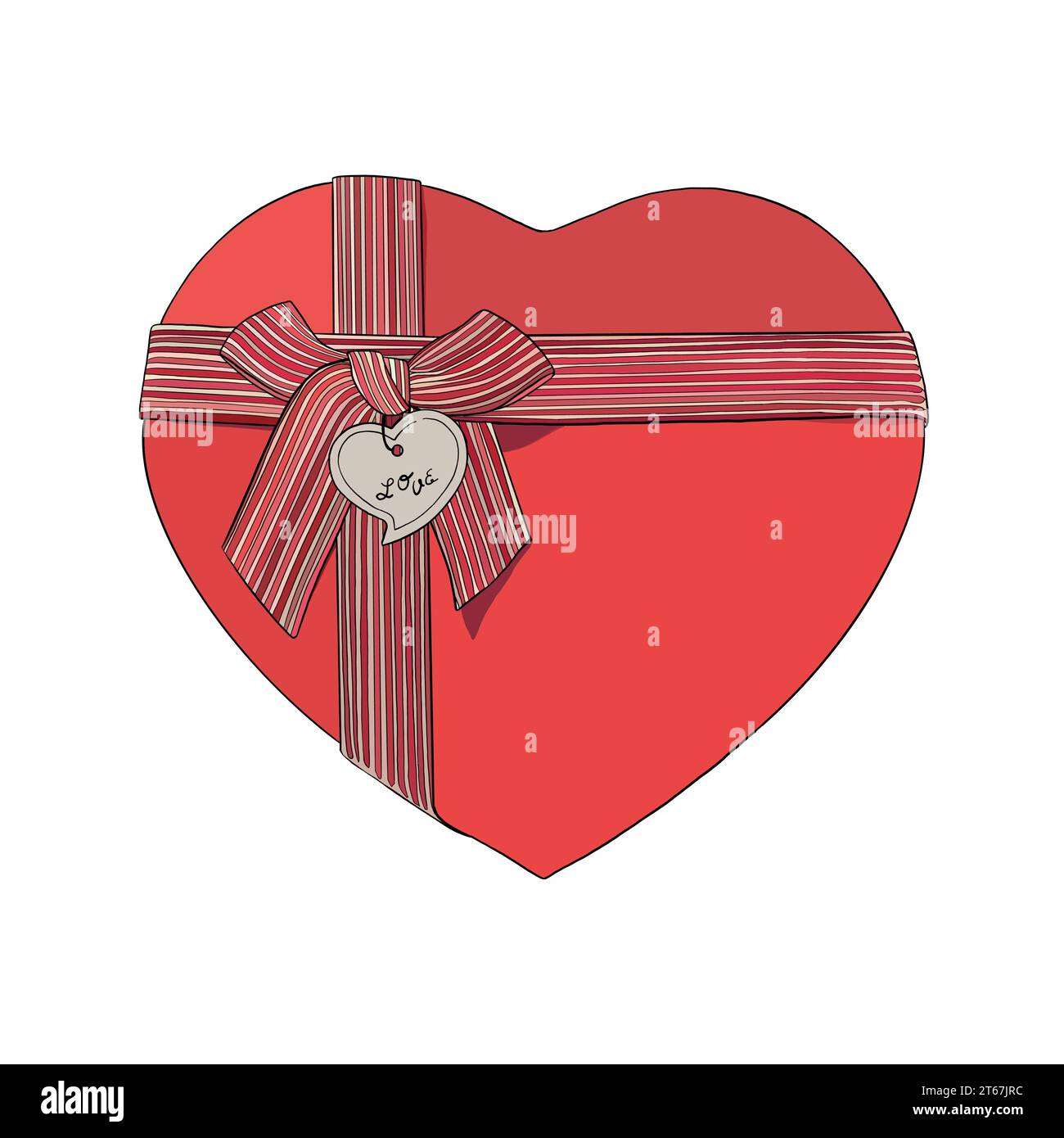 Illustrazione vettoriale di una scatola a cuore rosso vintage con fiocco a nastro spelato e scheda con il nome. Immagine per cartolina o dolci o confezione regalo per San Valentino Illustrazione Vettoriale