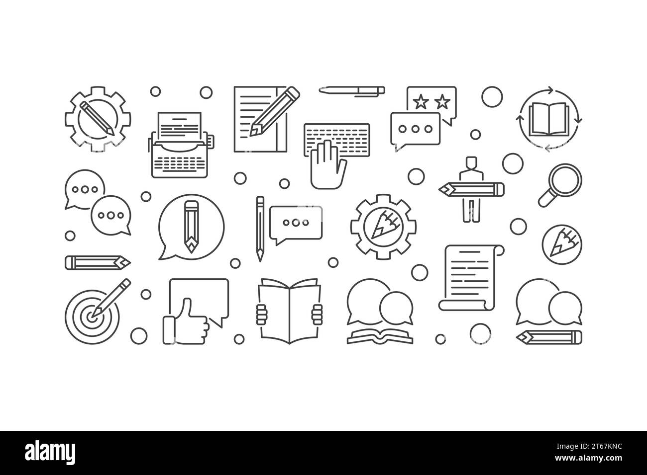 Illustrazione orizzontale vettoriale o banner creato con icone di scrittura contorni su sfondo bianco Illustrazione Vettoriale