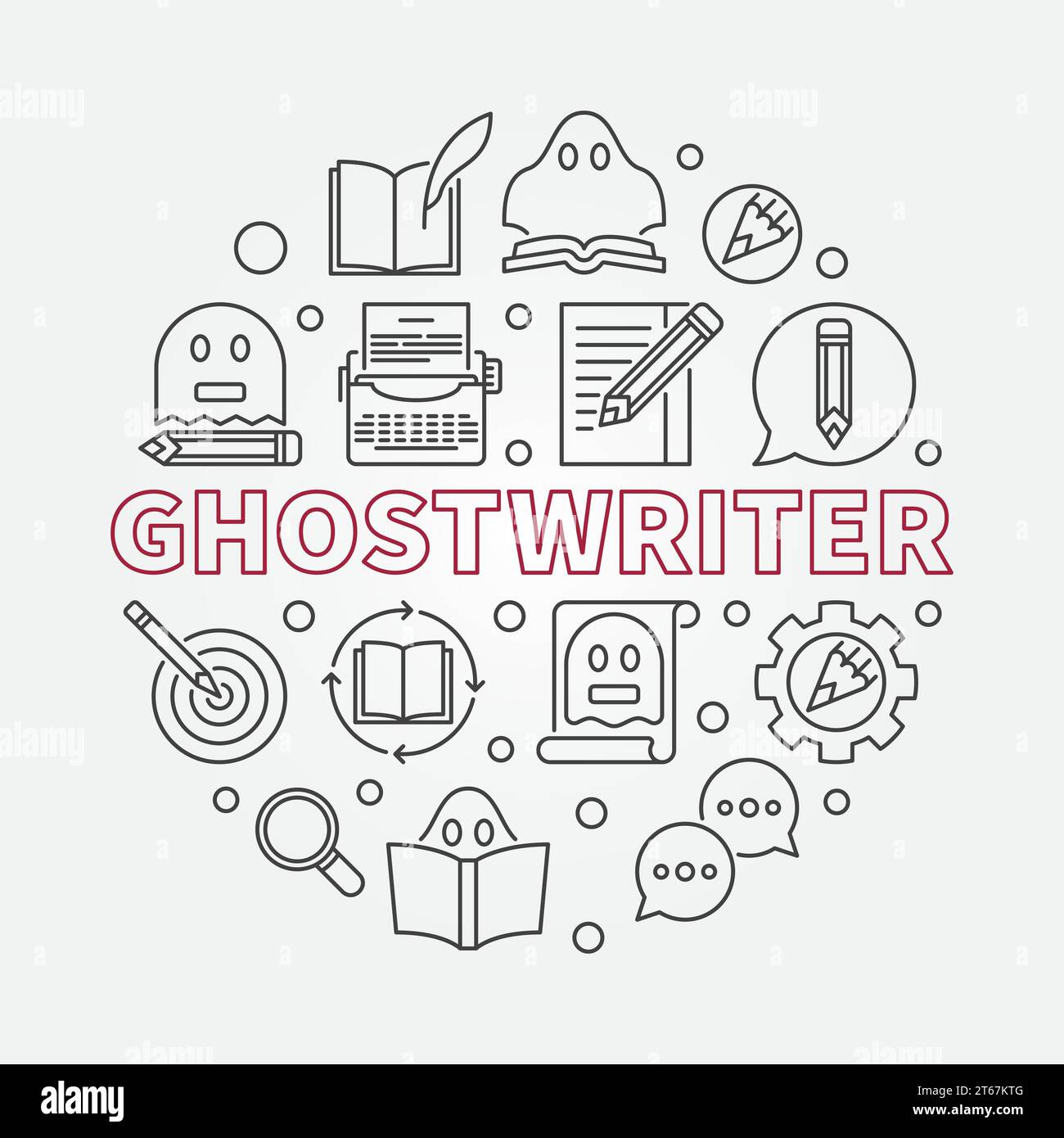 Illustrazione circolare del vettore ghostwriter realizzata con icone ghostwriting a linee sottili Illustrazione Vettoriale