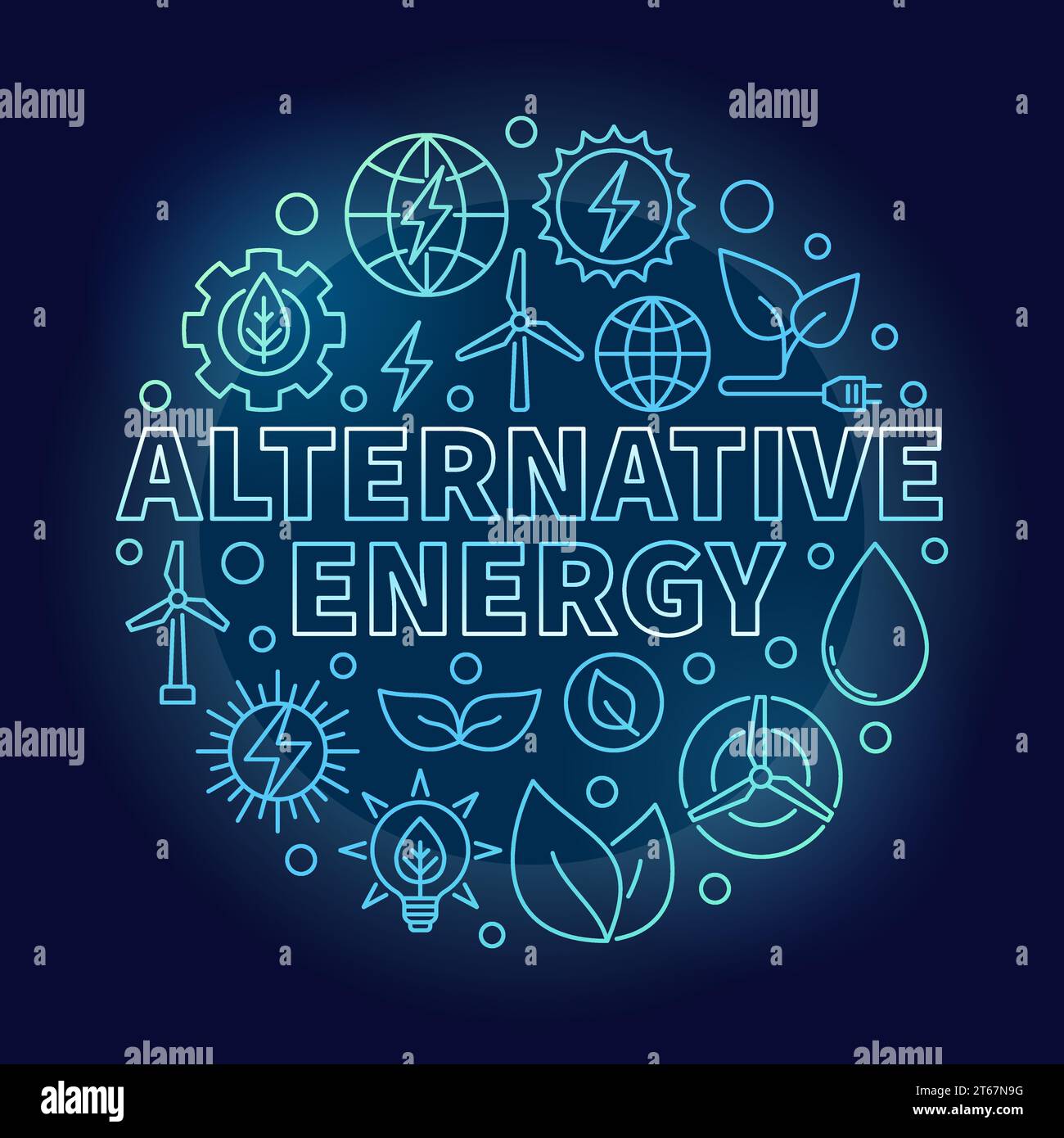 Illustrazione blu dell'energia alternativa - simbolo vettoriale rotondo con icone del profilo dell'energia eolica, solare e idrica Illustrazione Vettoriale