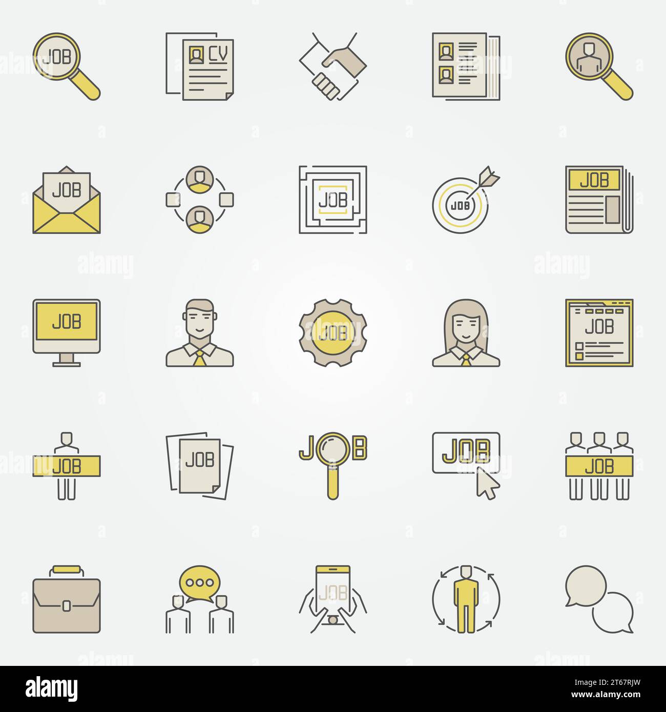 Icone colorate per la ricerca di un lavoro. Insieme vettoriale di segnali creativi relativi alle risorse umane e all'occupazione Illustrazione Vettoriale
