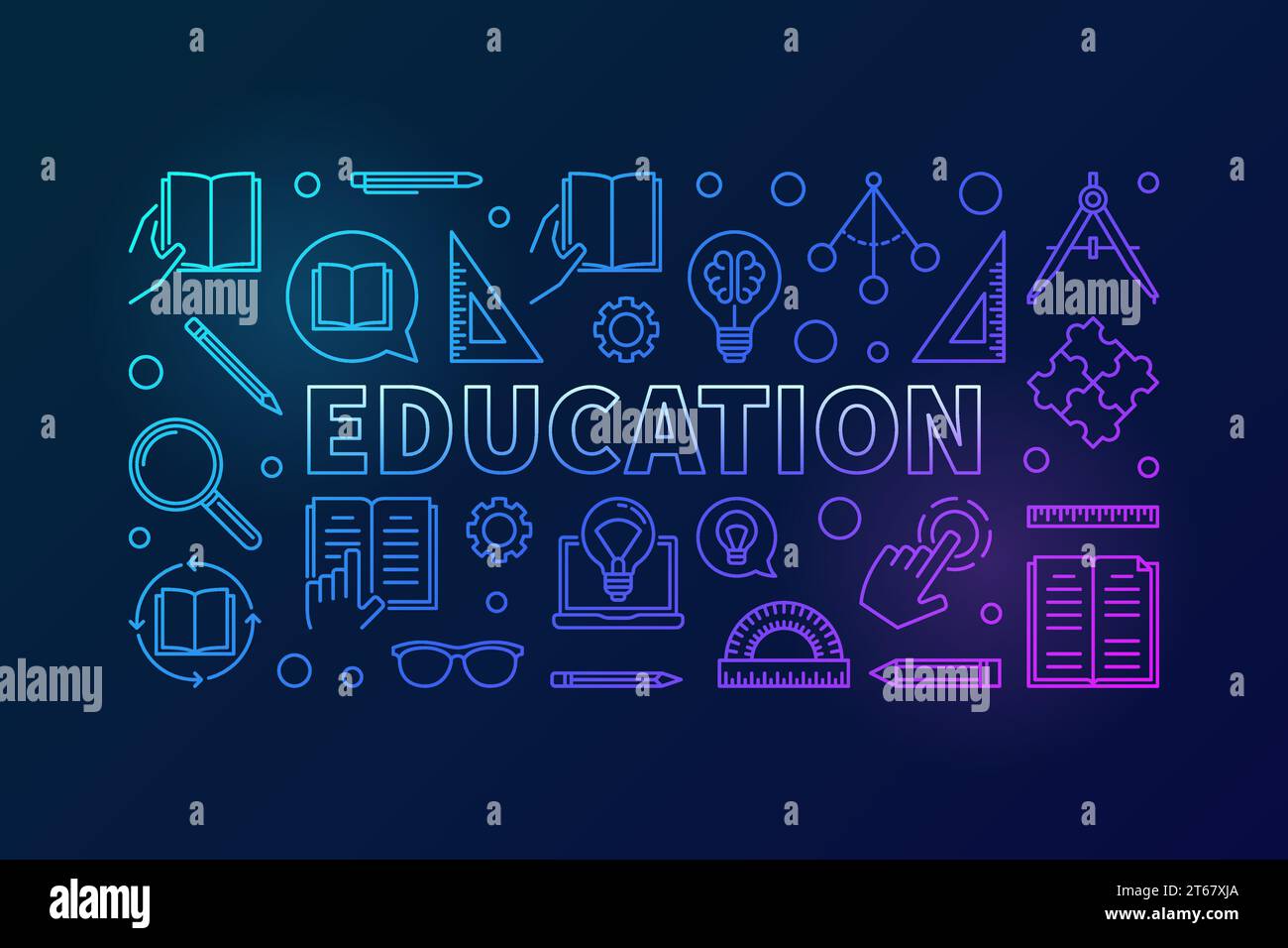 Banner orizzontale colorato per il settore Education o illustrazione con linee sottili su sfondo scuro Illustrazione Vettoriale