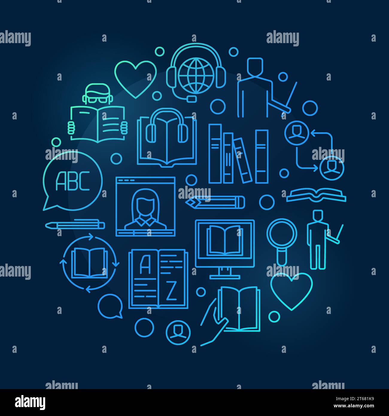 Illustrazione di apprendimento delle lingue straniere. I corsi di lingua vettoriale delineano il simbolo su sfondo scuro Illustrazione Vettoriale
