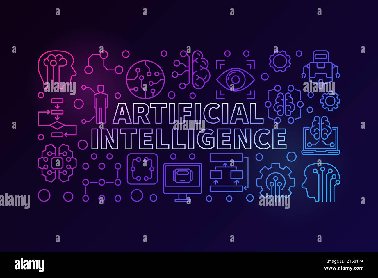 Moderna illustrazione vettoriale colorata con parole intelligenza artificiale e icone tecnologiche in stile sottile su sfondo scuro Illustrazione Vettoriale