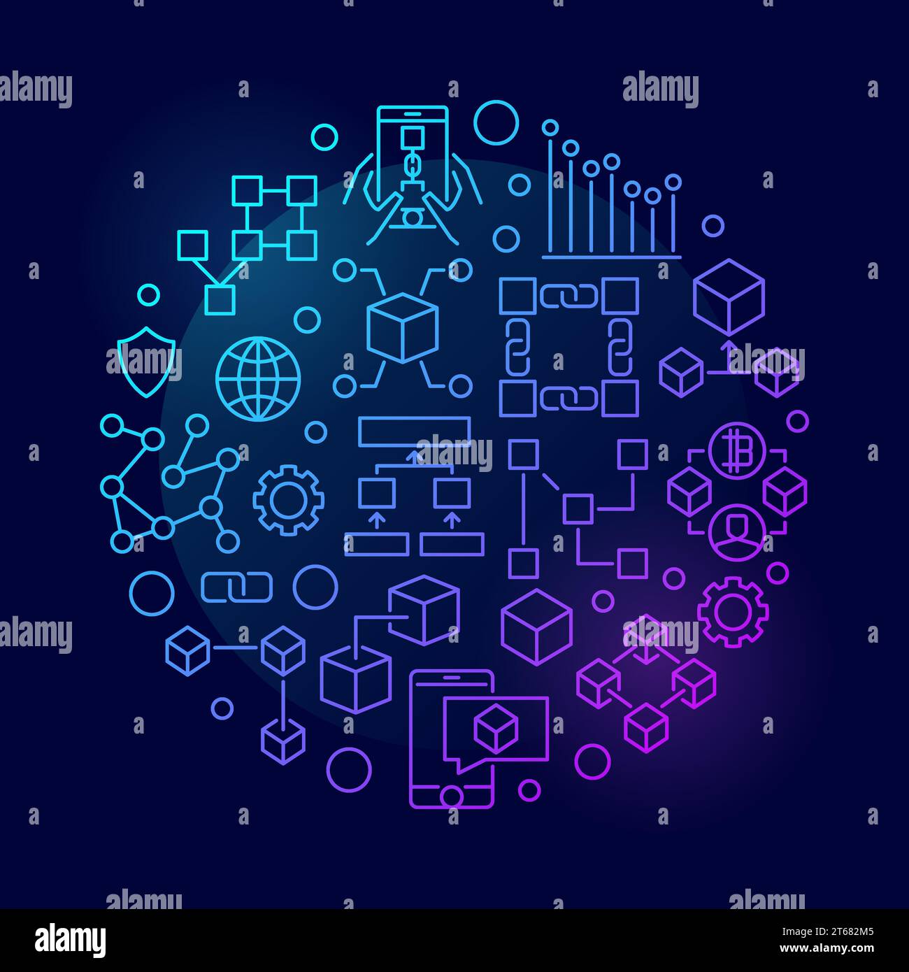 Simbolo vettoriale circolare del concetto blockchain colorato in stile linea sottile su sfondo scuro Illustrazione Vettoriale
