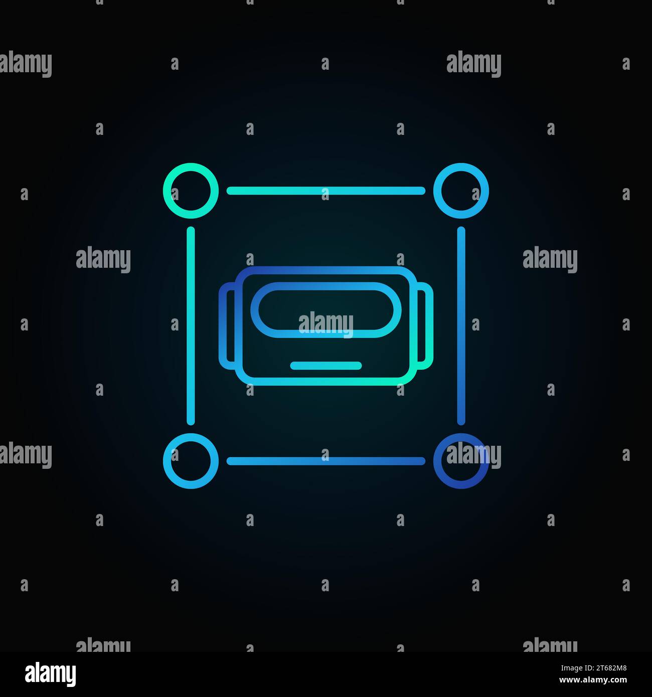 Testa del robot con icona blu quadrata o elemento logo su sfondo scuro Illustrazione Vettoriale