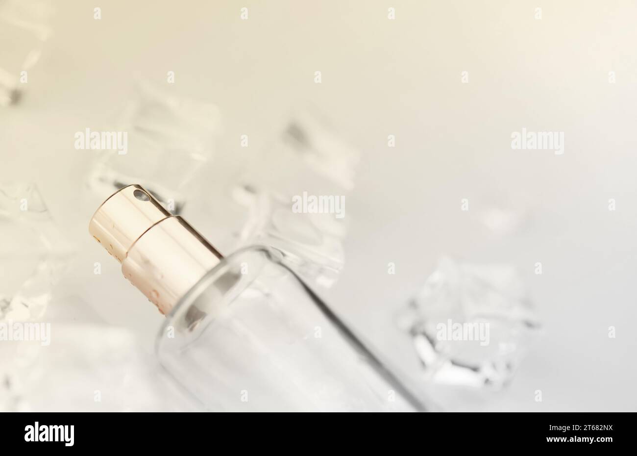 Bottiglia di profumo femminile, fotografia obiettiva di bottiglia di profumo in cubetti di ghiaccio e acqua. Vista dall'alto. Foto prodotto, concetto di freschezza e aroma Foto Stock