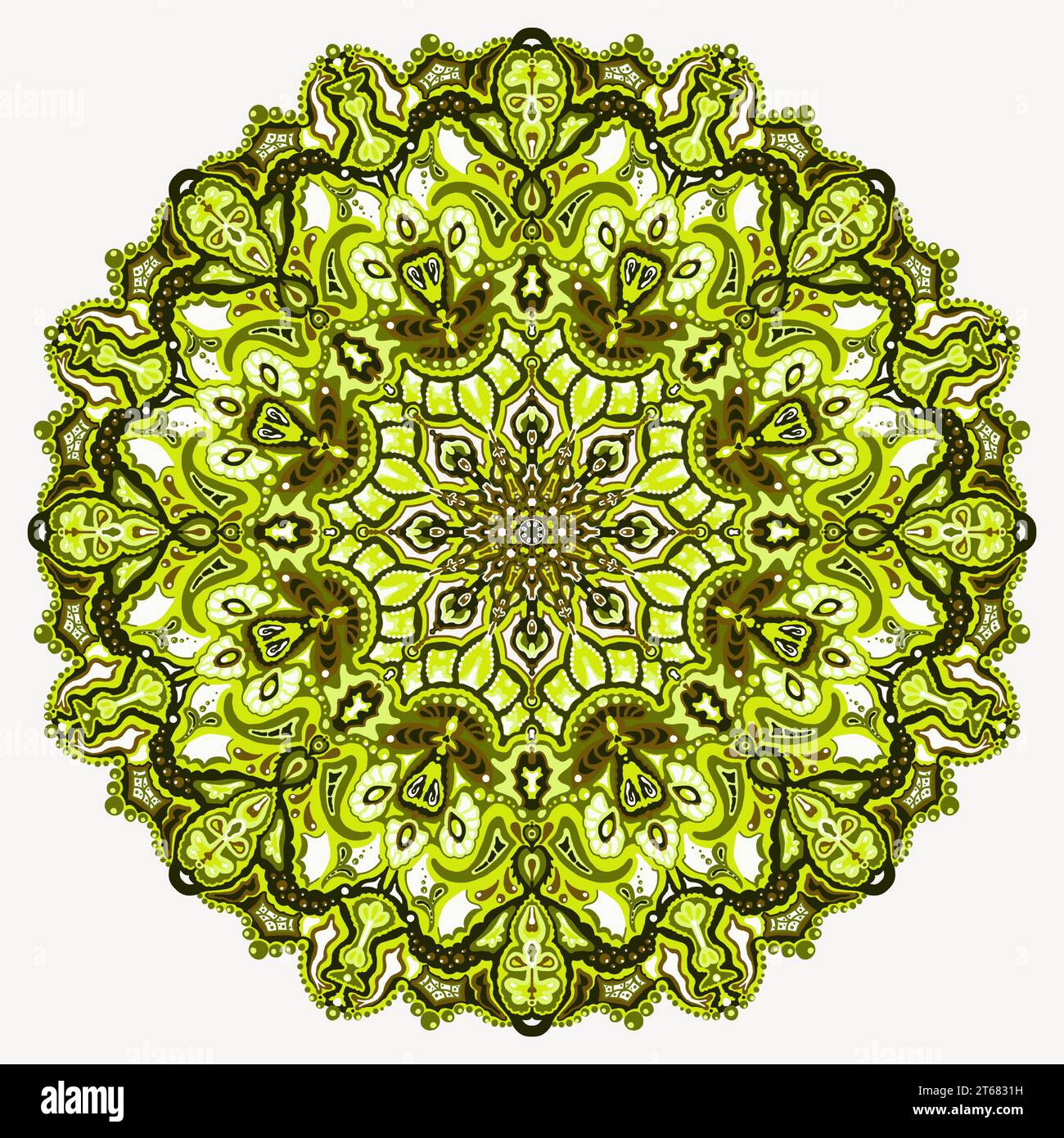 Mandala, verde astratto, oliva, piccoli ed eleganti dettagli del motivo circolare. Splendido sfondo. Ornato, marrone, giallo, verde erba sul retro bianco Foto Stock